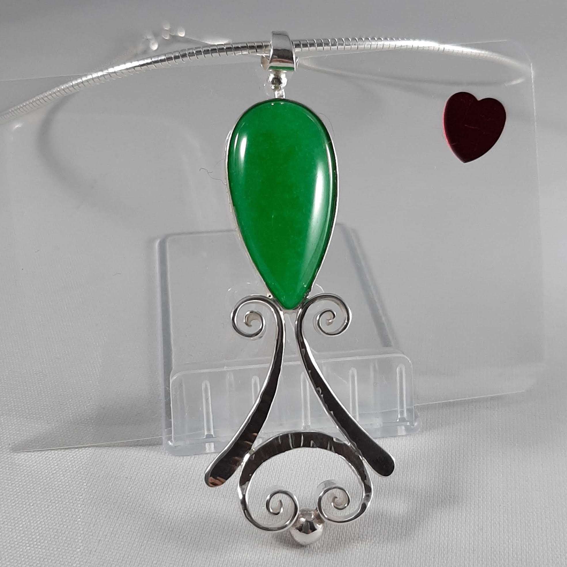 Droplets Sterling Silver Unique One Off Pendant with Teardrop Green Jade Stone