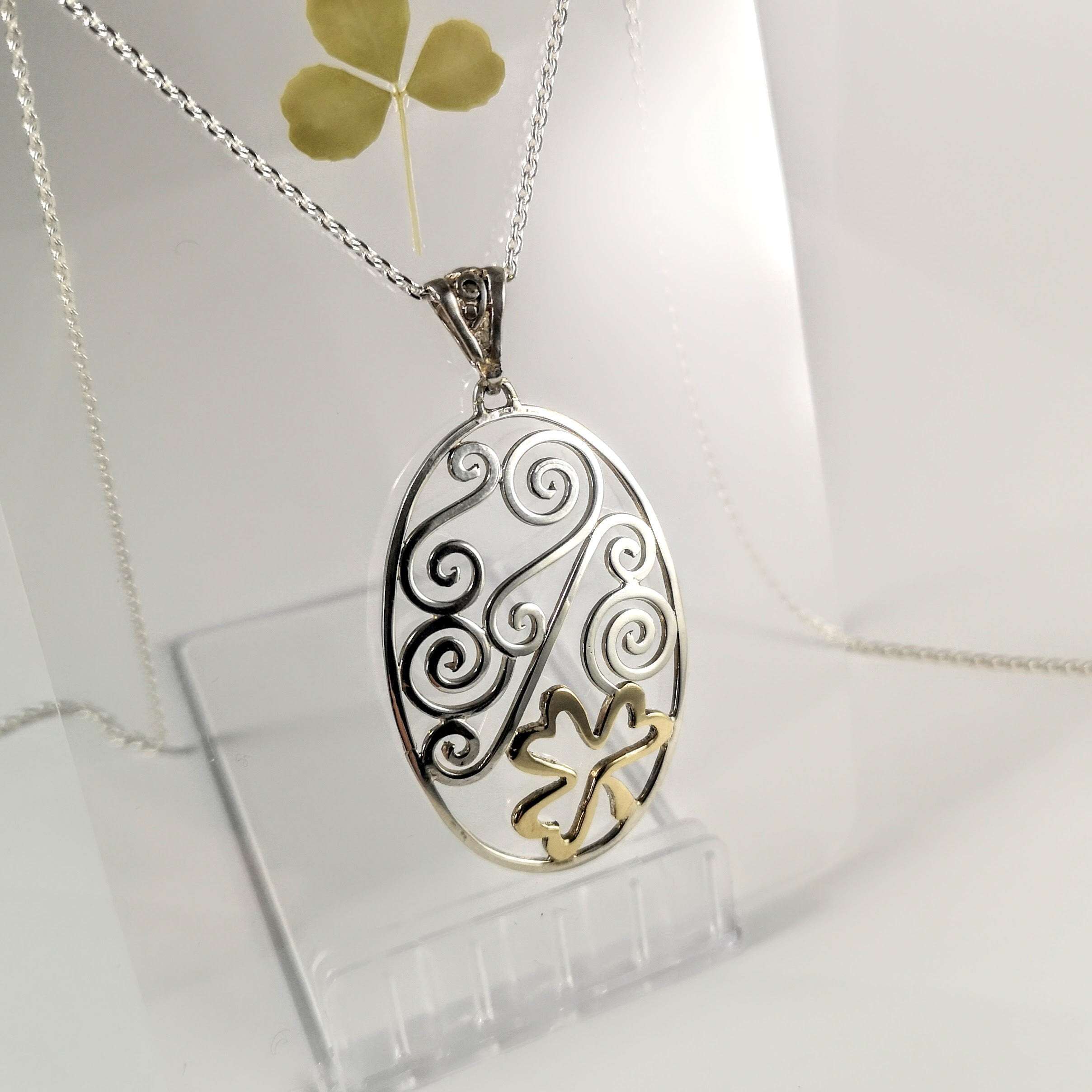 Celtic Combinations Sterling Silver Spiral Pendant with 9ct Gold Shamrock