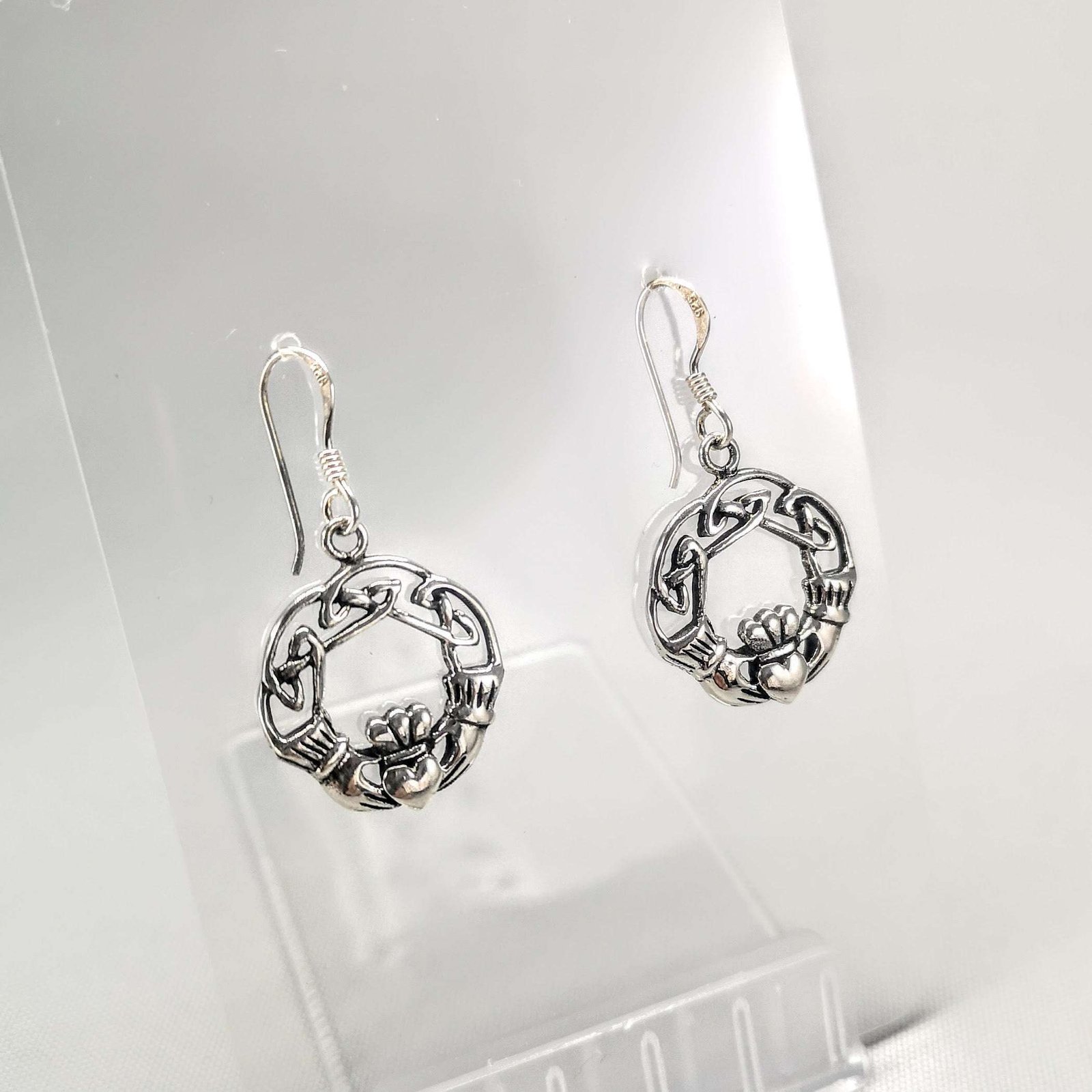 Traditional Collection Sterling Silver Claddagh and Celtic Weave Drop Earrings.