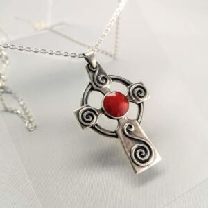 Traditional Collection Sterling Silver Celtic Cross with Red or Green  Stone and Oxidised Finish.
