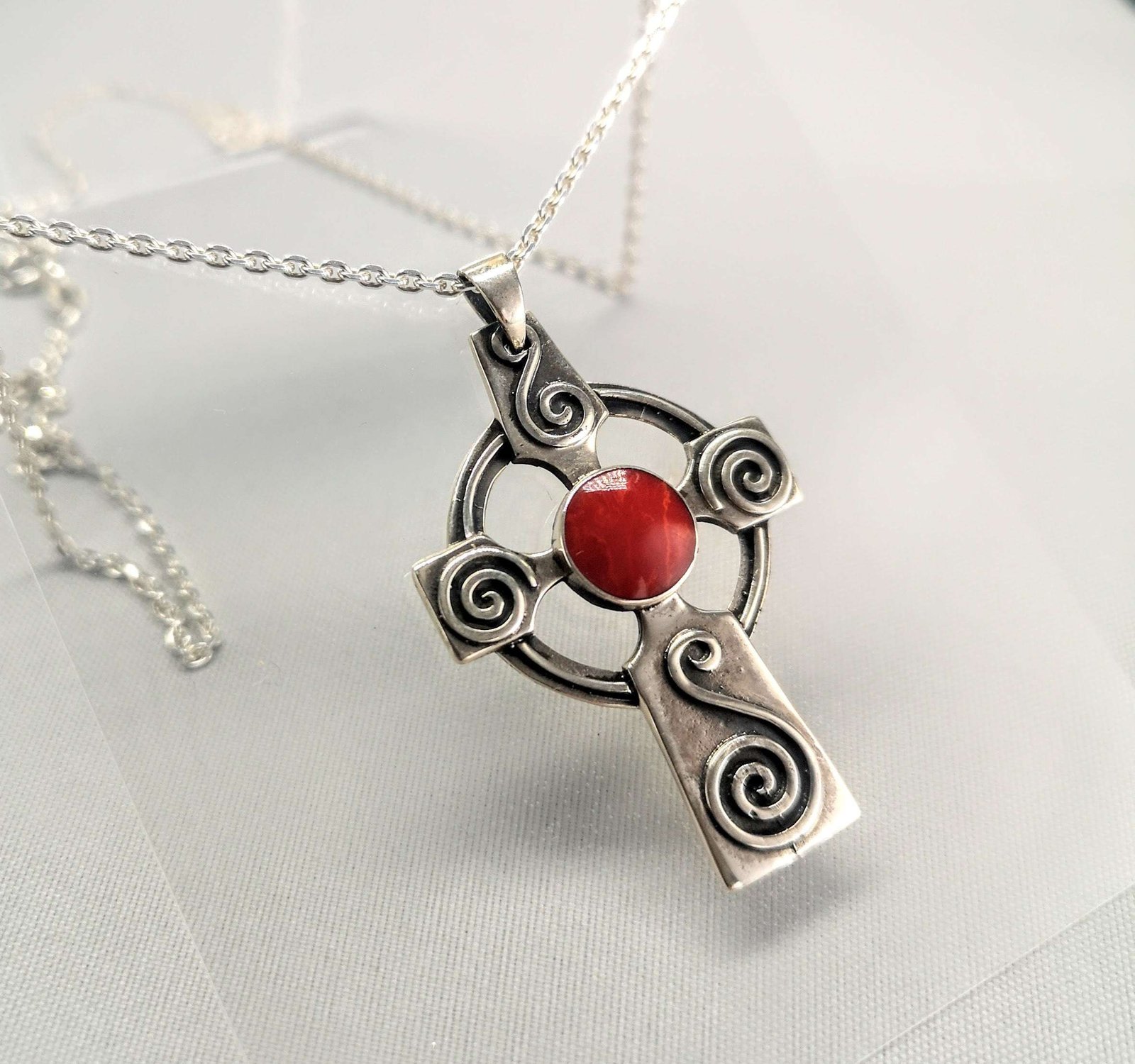 Traditional Collection Sterling Silver Celtic Cross with Red or Green Stone and Oxidised Finish.