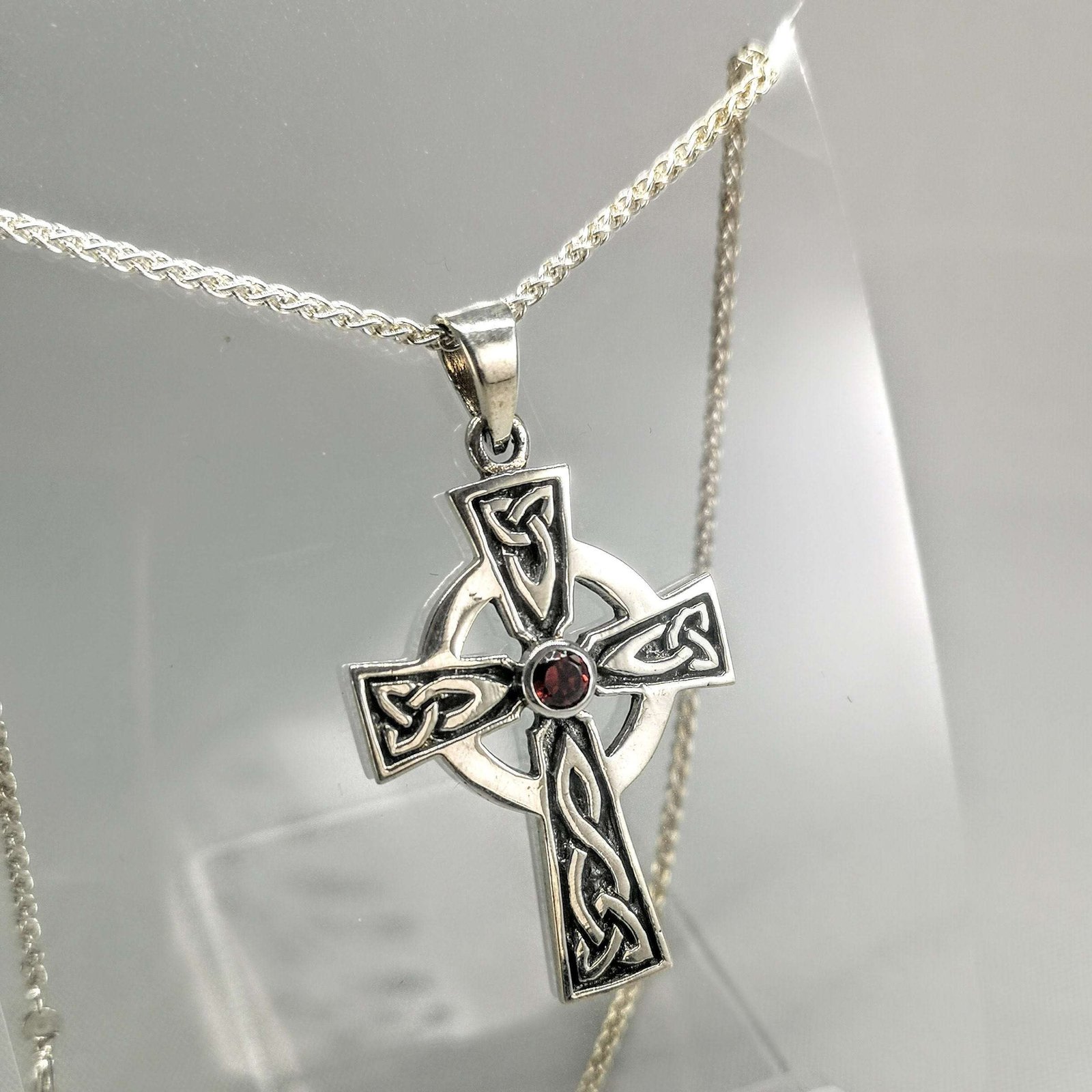 Traditional Collection Sterling Silver  Decorative Celtic Cross with Garnet/CZ Stone