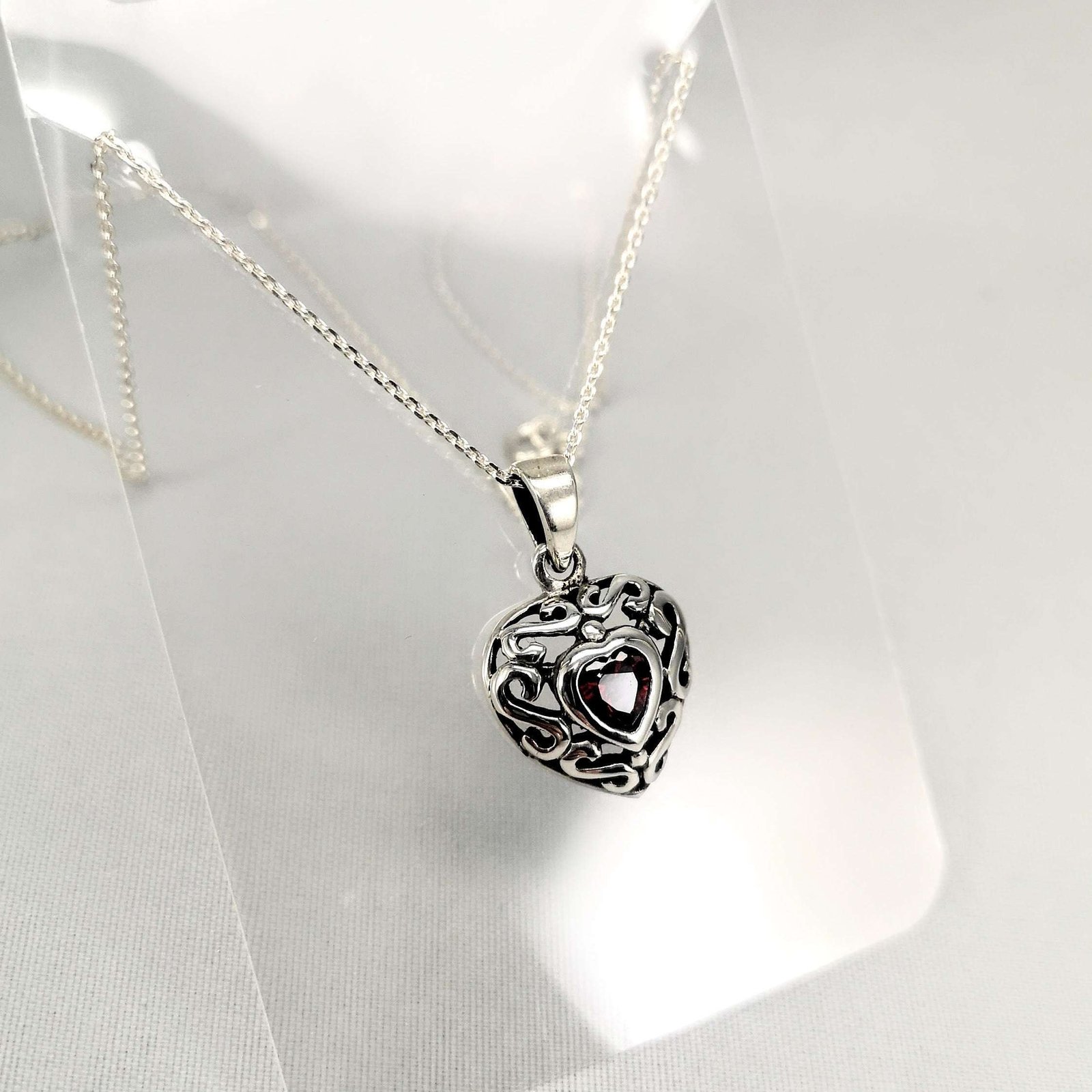 Have a Heart Sterling Silver Raised Heart & Spiral Design Pendant Available with Black Onyx, Garnet or CZ Heart Shaped Stone